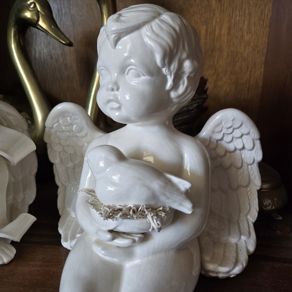 Set of 2 Vintage Ceramic Glazed White Cherub Angels - Picture 2 of 5